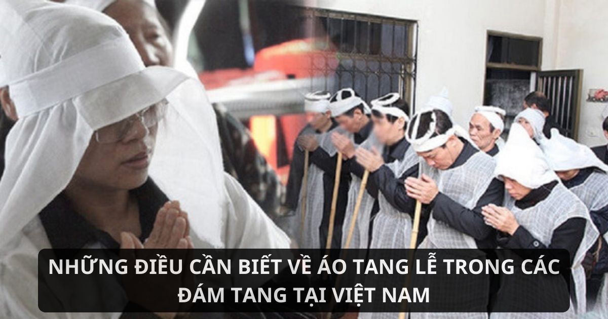Áo tang lễ truyền thống Việt Nam với màu trắng, khăn tang và mũ rơm thể hiện sự hiếu kính và tiếc thương người đã khuất.